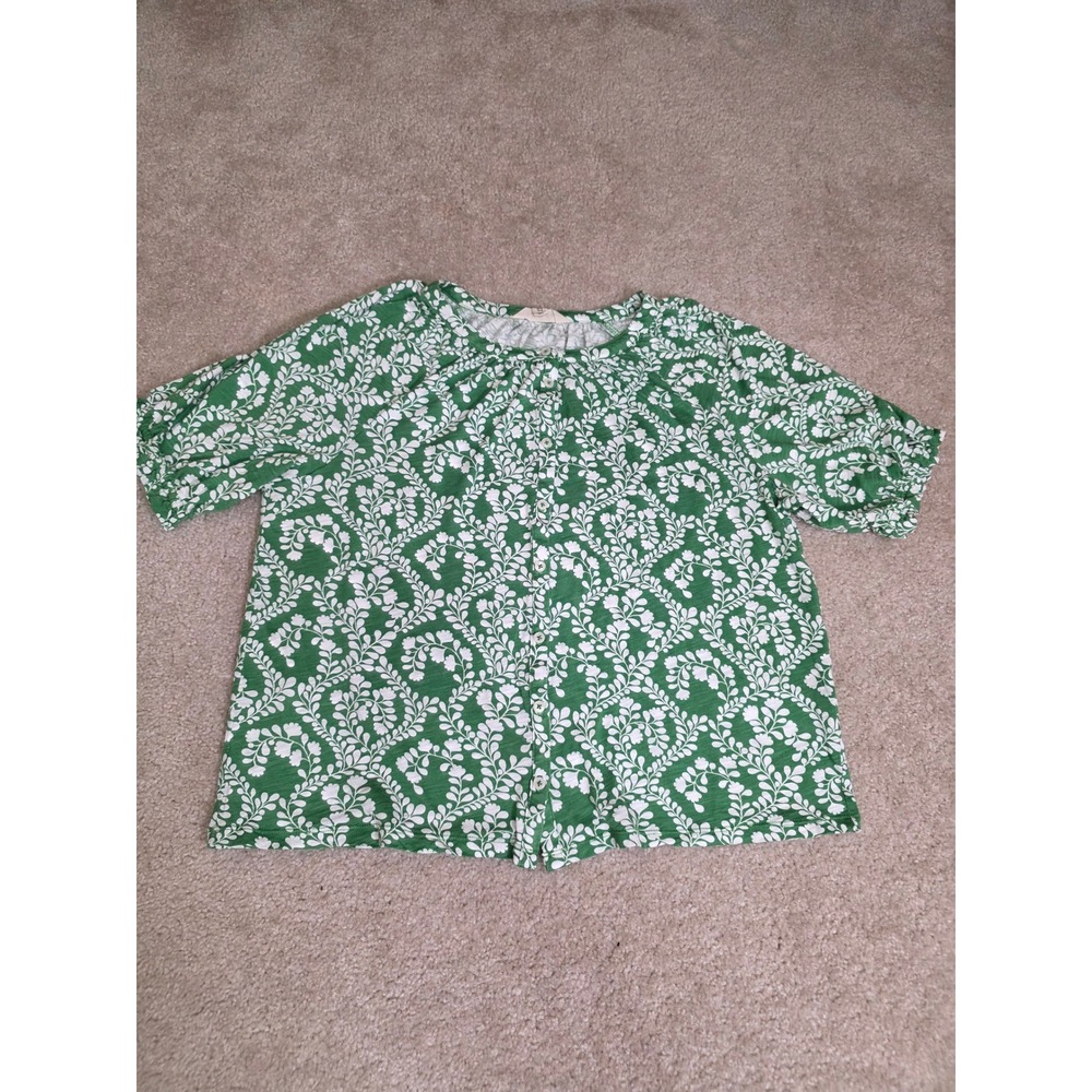 Boden Green White Floral Leaf Print Puff Sleeve Button Down Blouse US 12